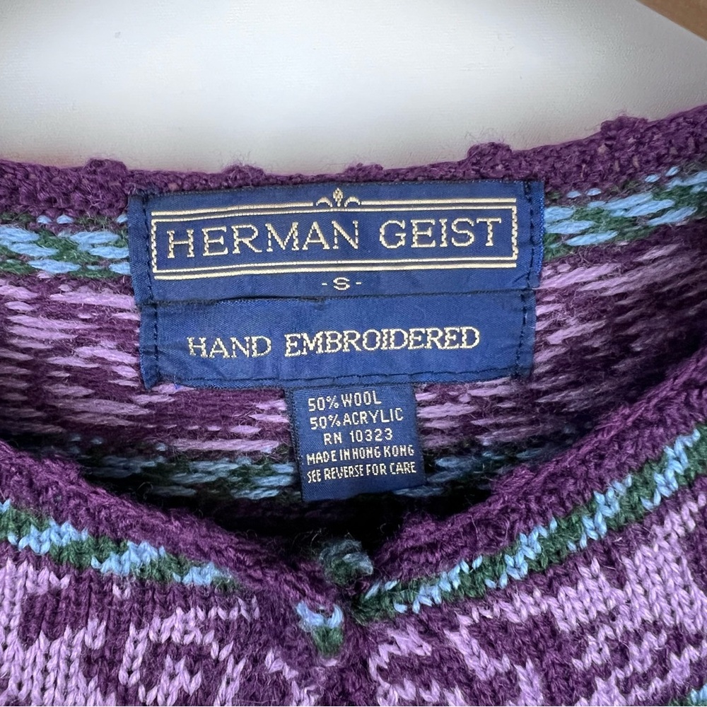 Herman Geist Vintage Hand Embroidered Purple Floral Wool Blend Cardigan Sweater - Picture 8 of 9